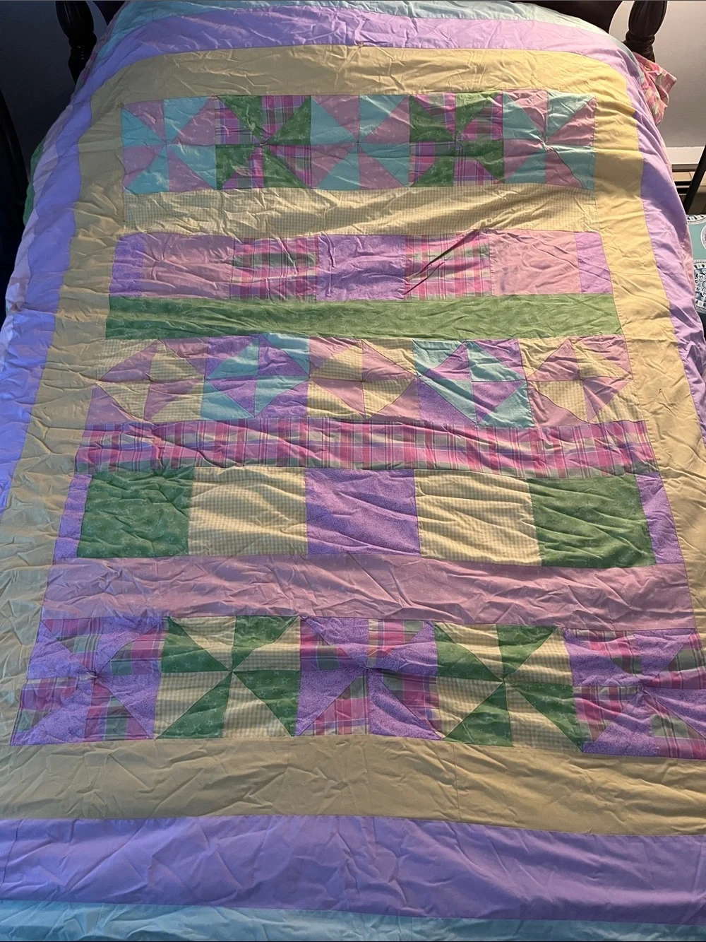 Hand Crafted Pastel Patchwork Quilt in Green, Pink ,Yellow & Lavender